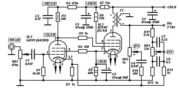 схема усилителя лампах на 6ж1п и 6п14п